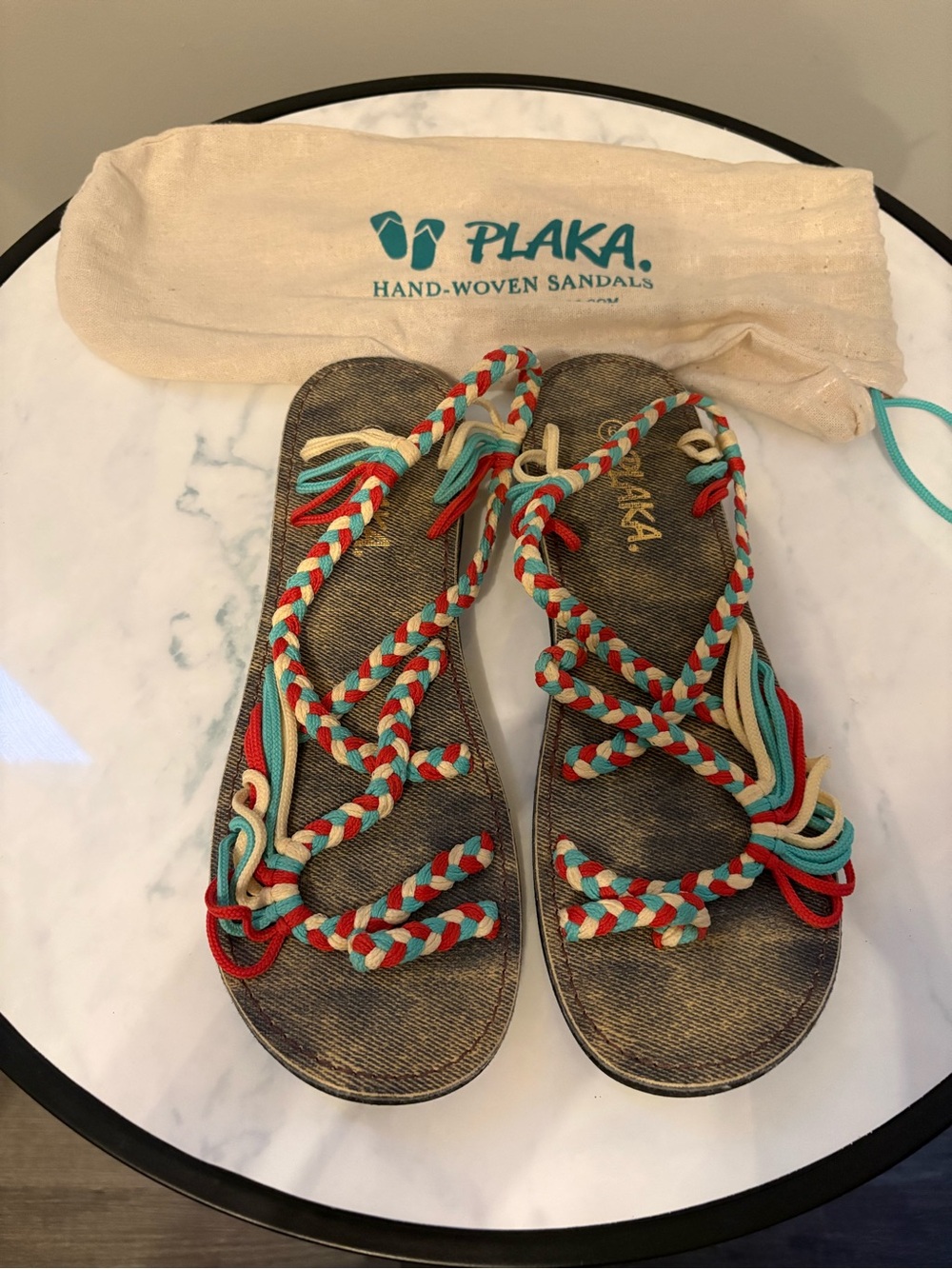 Plaka Hand Woven Sandals Braided Strappy Flat Slide Patriotic Coastal Grandma